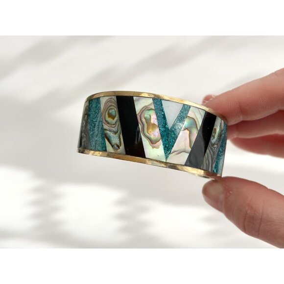 Abalone & Turquoise Hecho De Mexico Gold T Alpaca Silver Vintage Cuff Bracelet - Picture 14 of 16